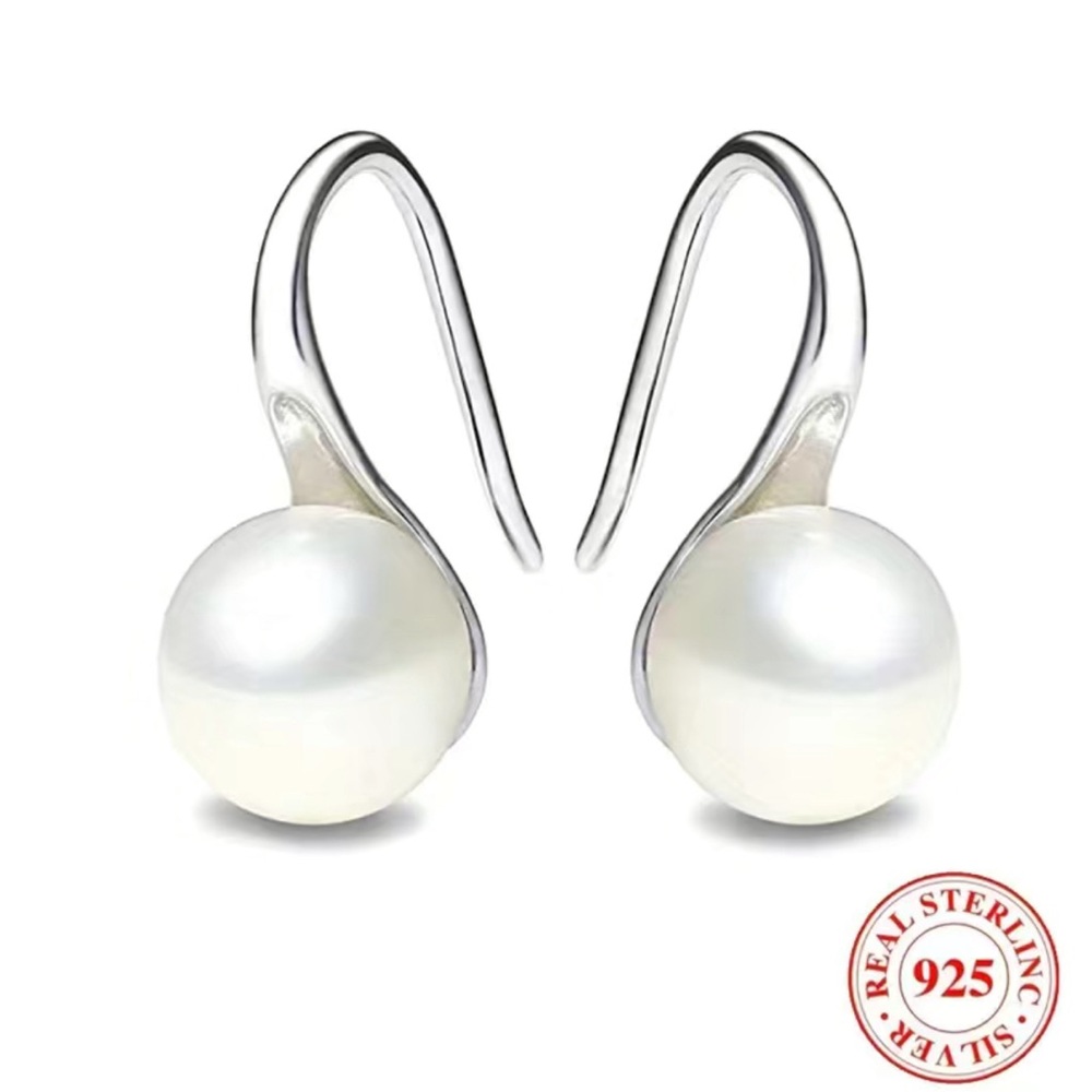 925 Sterling Silver Faux Pearl Fish Hook Earrings